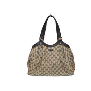 GUCCI Tote Bag Beige Tan Canvas Leather Shoulder Diaper